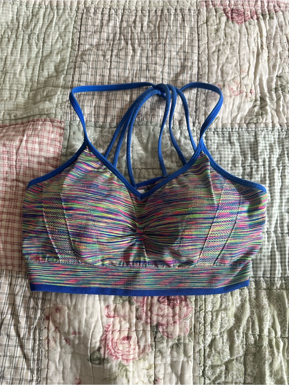 Xersion Multicolor Striped Sports Bra with Blue Trim